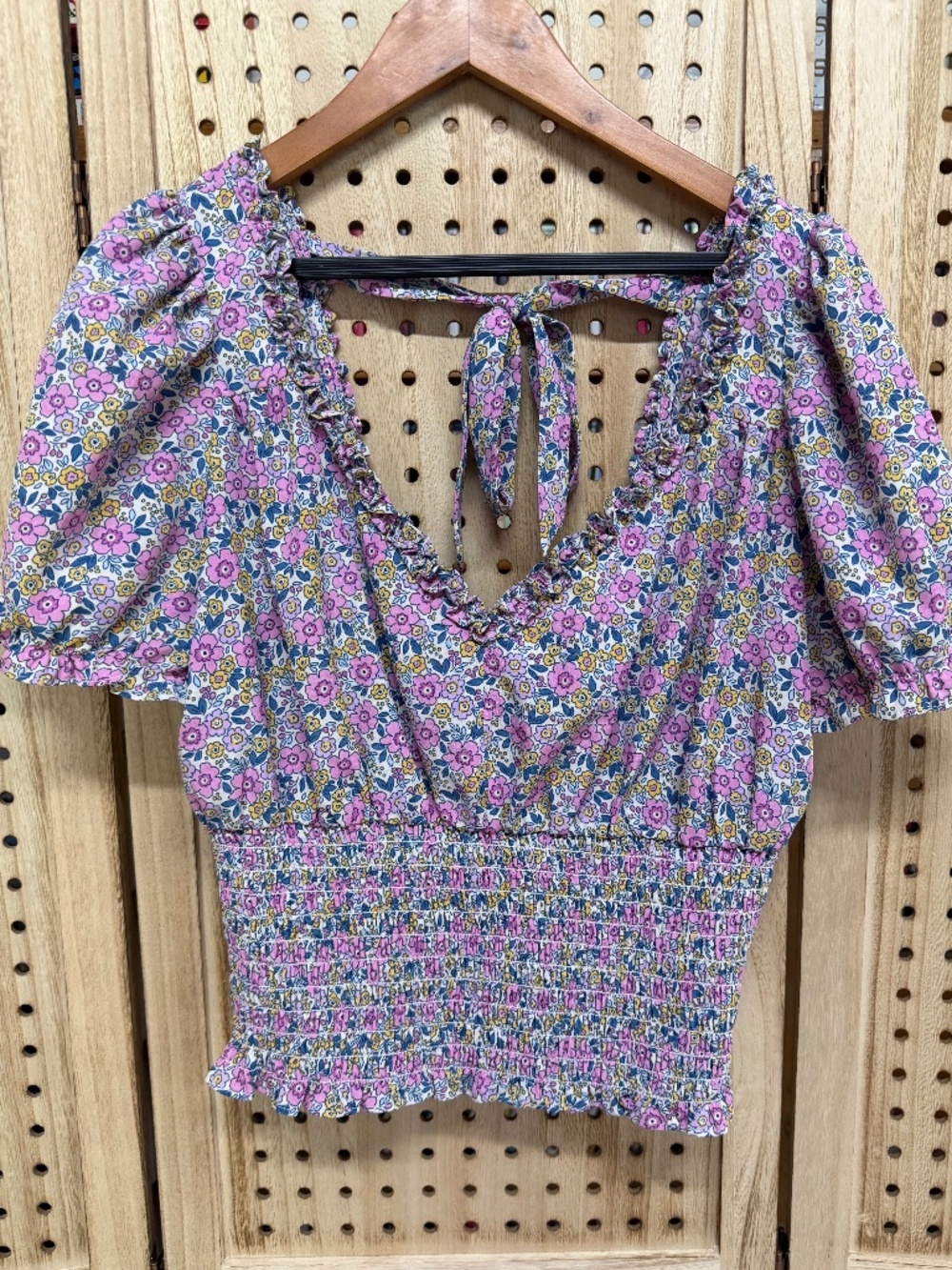 Cottagecore Floral Smocked Puff Sleeve Tie Back Top XL